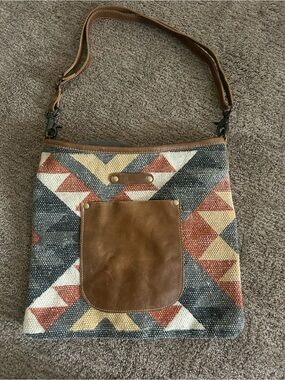 Myra Bag Brown Leather Accent Aztec Tote with Multicolor Geometric Weave